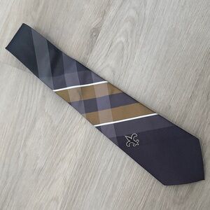 Men's Gray and Brown Plaid Silk Tie with Fleur-de-Lis Accent